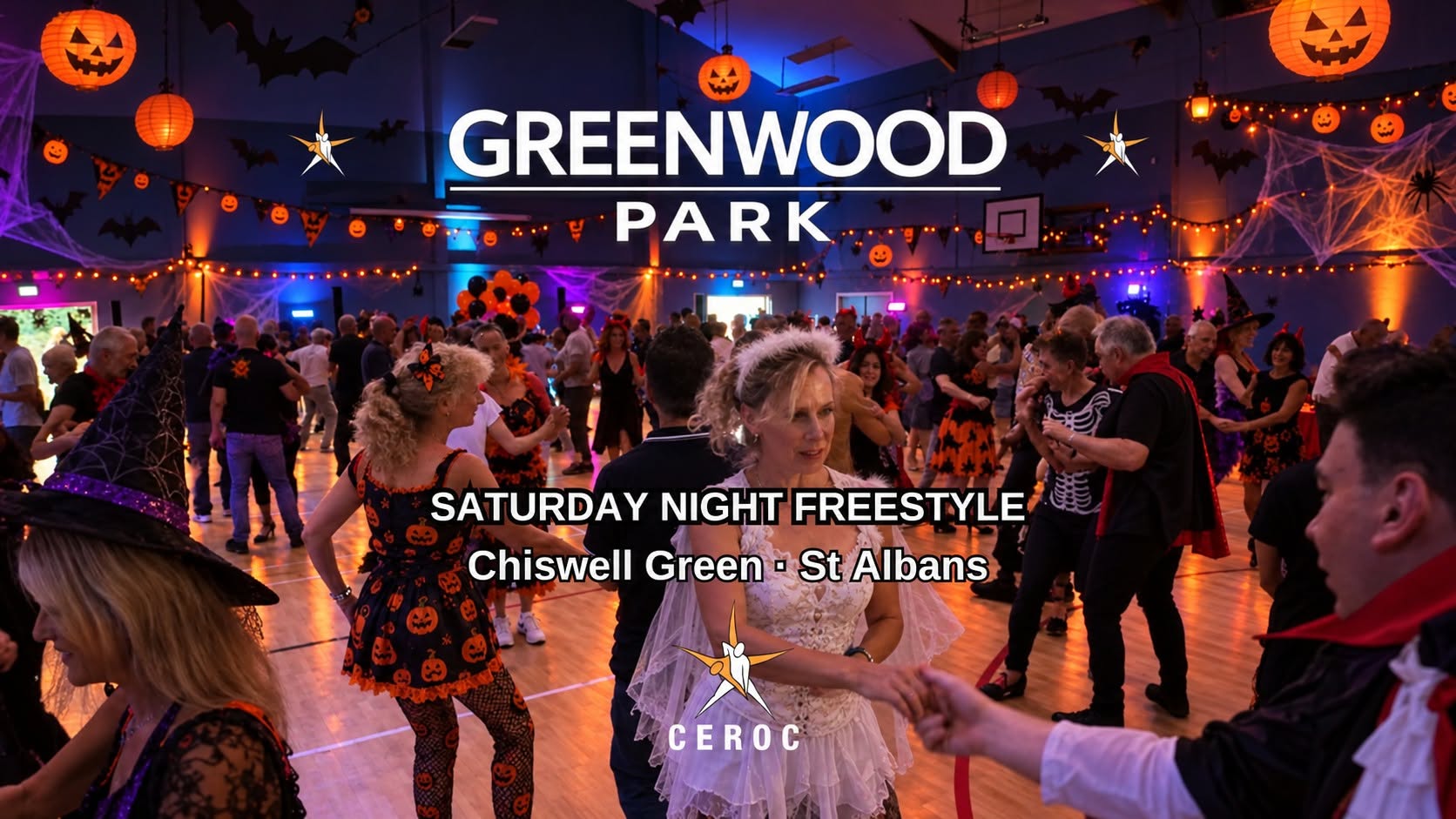 Greenwood Park Halloween freestyle flyer with dancers in optional fancy dress and Halloween decorations